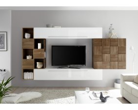 Meuble TV suspendu blanc laqué et bois design COGNAC