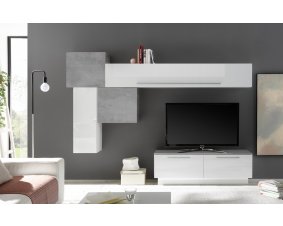 Meuble TV mural design blanc laqué et gris STONE