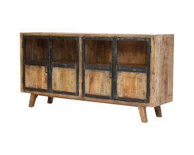 Buffet industriel bois massif 4 portes vitrées 180cm MEERA