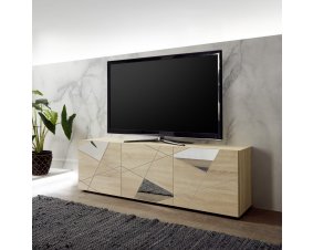 Meuble TV moderne bois clair 3 portes avec miroirs 180cm MESSINE