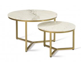 Set de 2 tables basses ronde moderne marbre blanc et métal or JUNON 