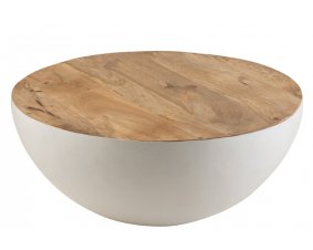 Table basse ronde scandinave bois manguier et métal blanc GALEO