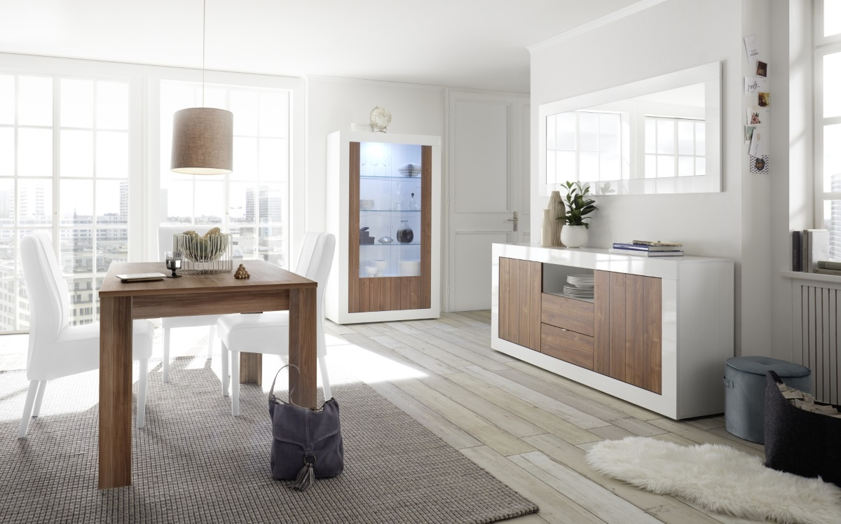 Salle A Manger Moderne Blanc Et Coloris Bois Noyer Napoli 2159